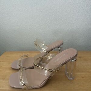 TOP Moda Clear Heels with Gold Chain Accents